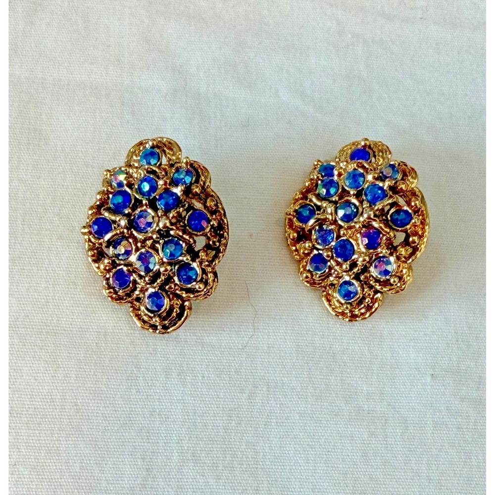 Vintage‎ Aurora Borealis (AB) Rhinestone Clip-on Earrings Mid-Century Gold-Tone